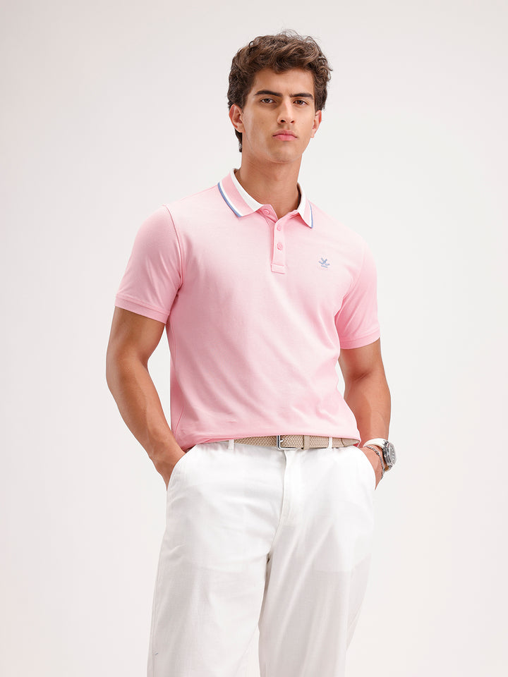 Slim Fit Contrast Collar Polo T-Shirt  | Pink