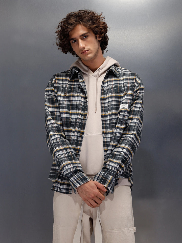 Patch Pocket Comfort Fit Checkered Pattern Shirt With Branding | Blue