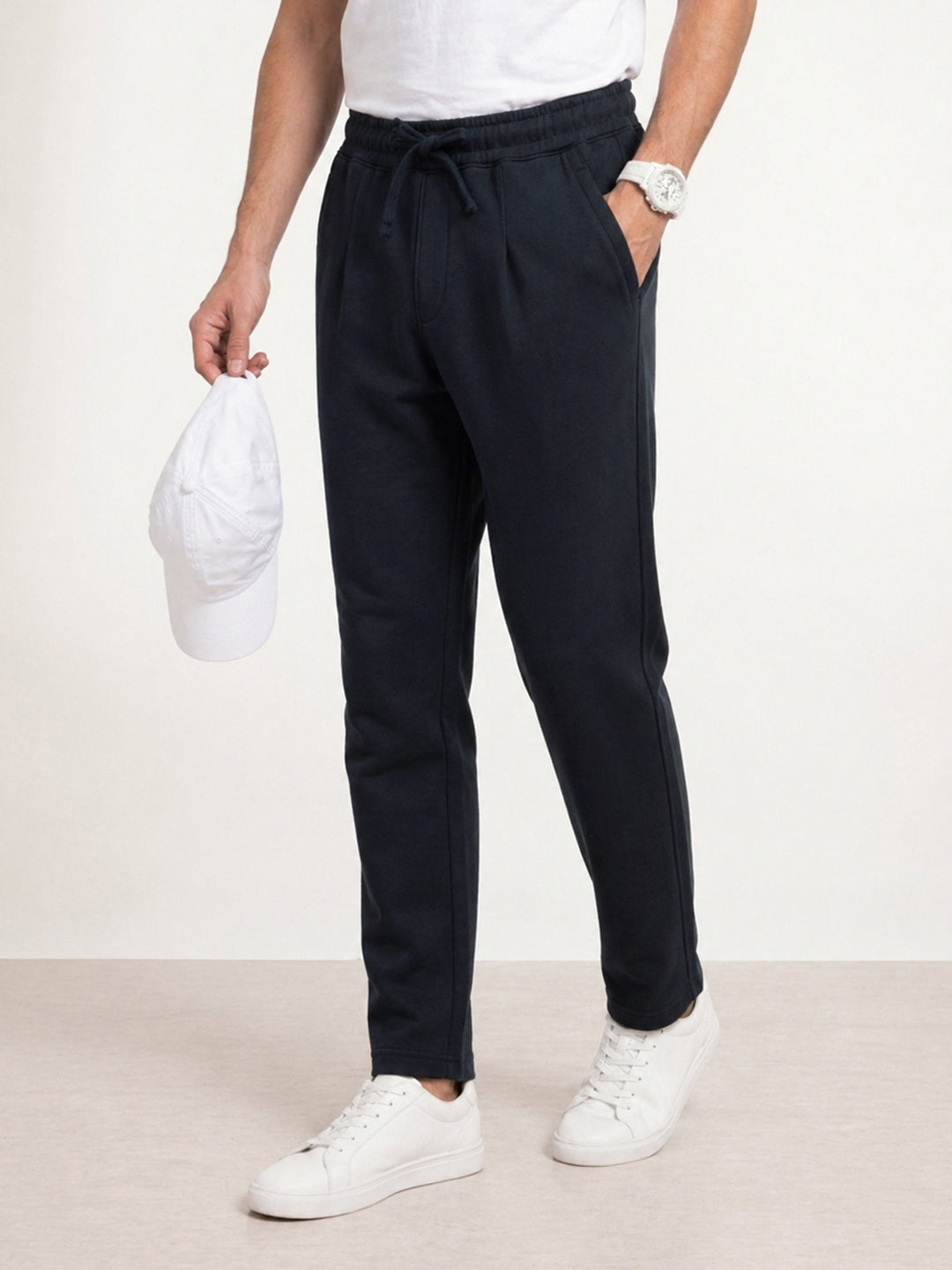 Solid Loose Fit Pleated Jogger | Navy Blue