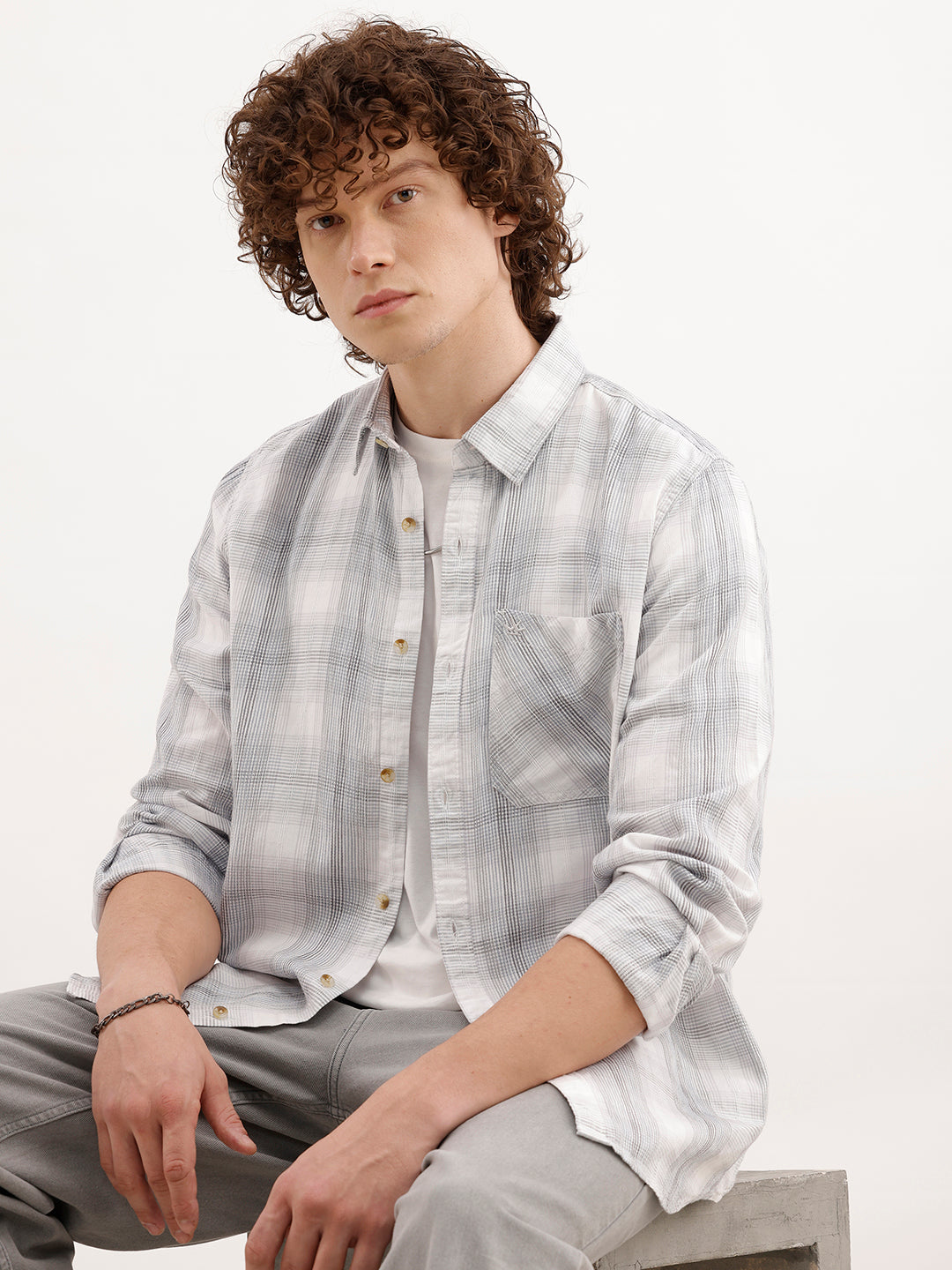 Slim Fit Checkered Shirt  | White