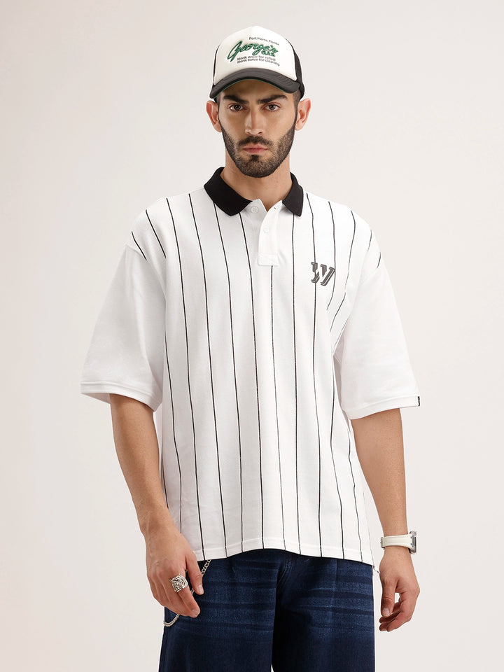 Oversized Striped Polo T-Shirt | White