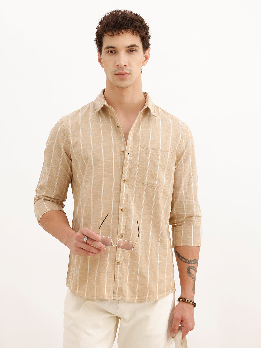 Regular Fit Full Sleeve Striped Shirt | Khaki