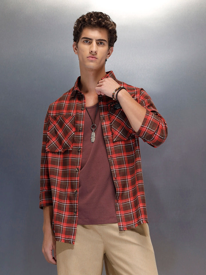 Men's oversize raw hem detail check shirt  | Brown