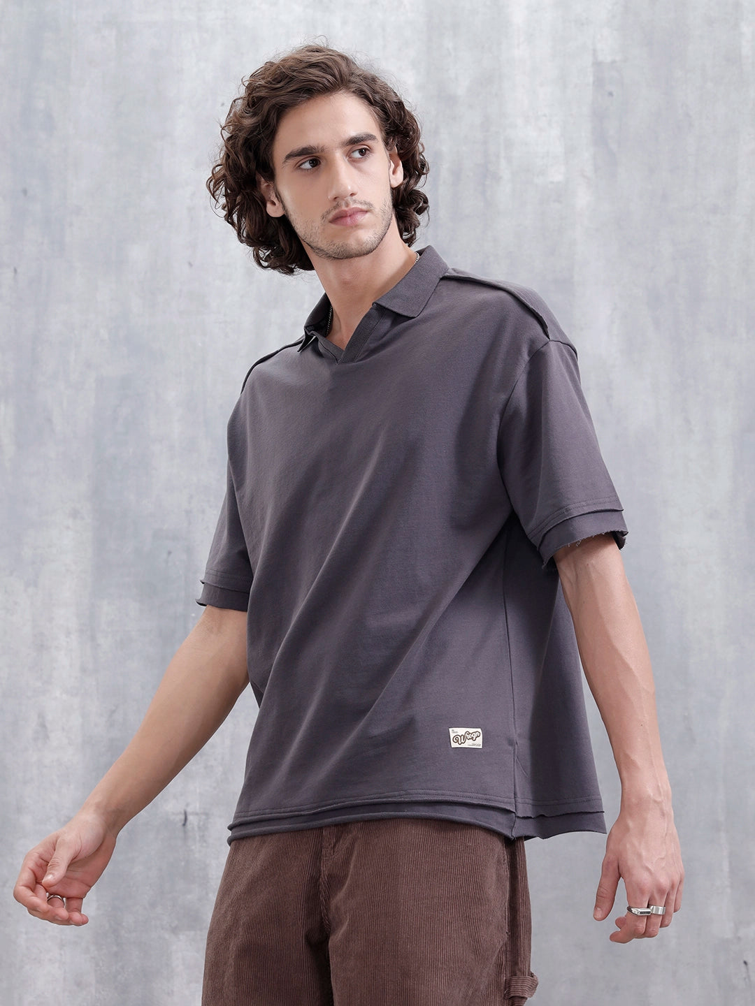 Men Oversized Fit Casual Johnny Collar T-shirt | Dark Grey