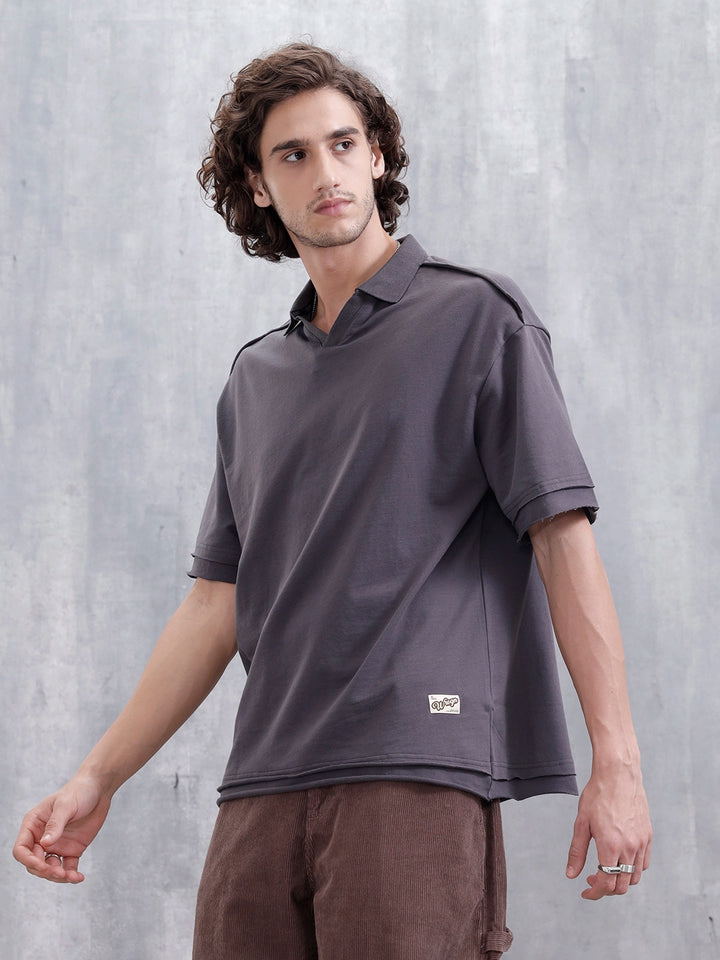 Men Oversized Fit Casual Johnny Collar T-shirt | Dark Grey