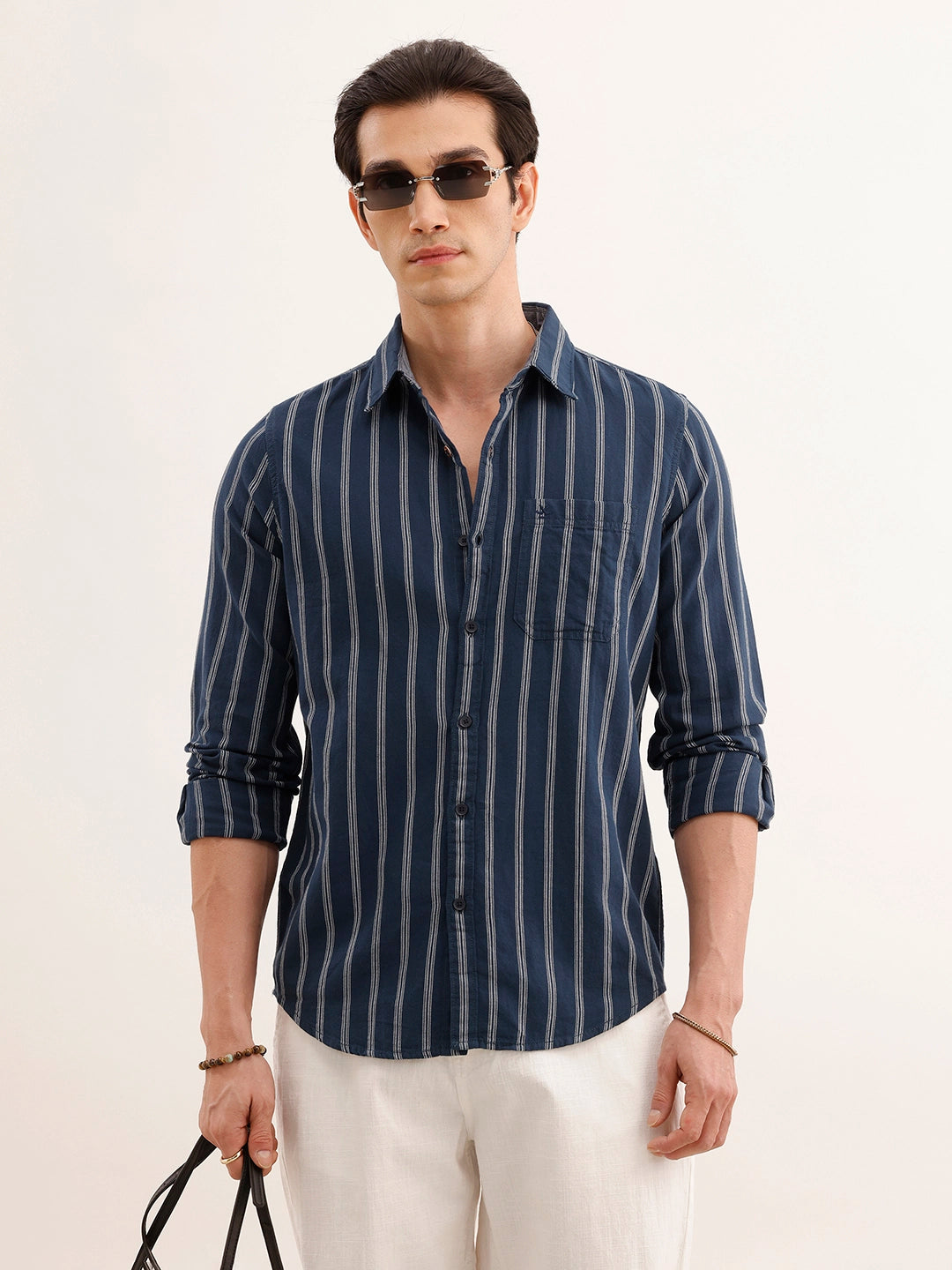Regular Fit Full Sleeved Striped Shirt | Blue
