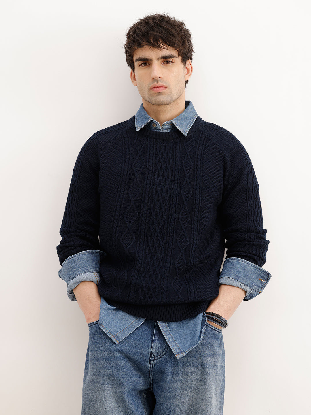 Solid Regular Fit Cable Knitted Sweater | Blue | WSW02FSRE1017W