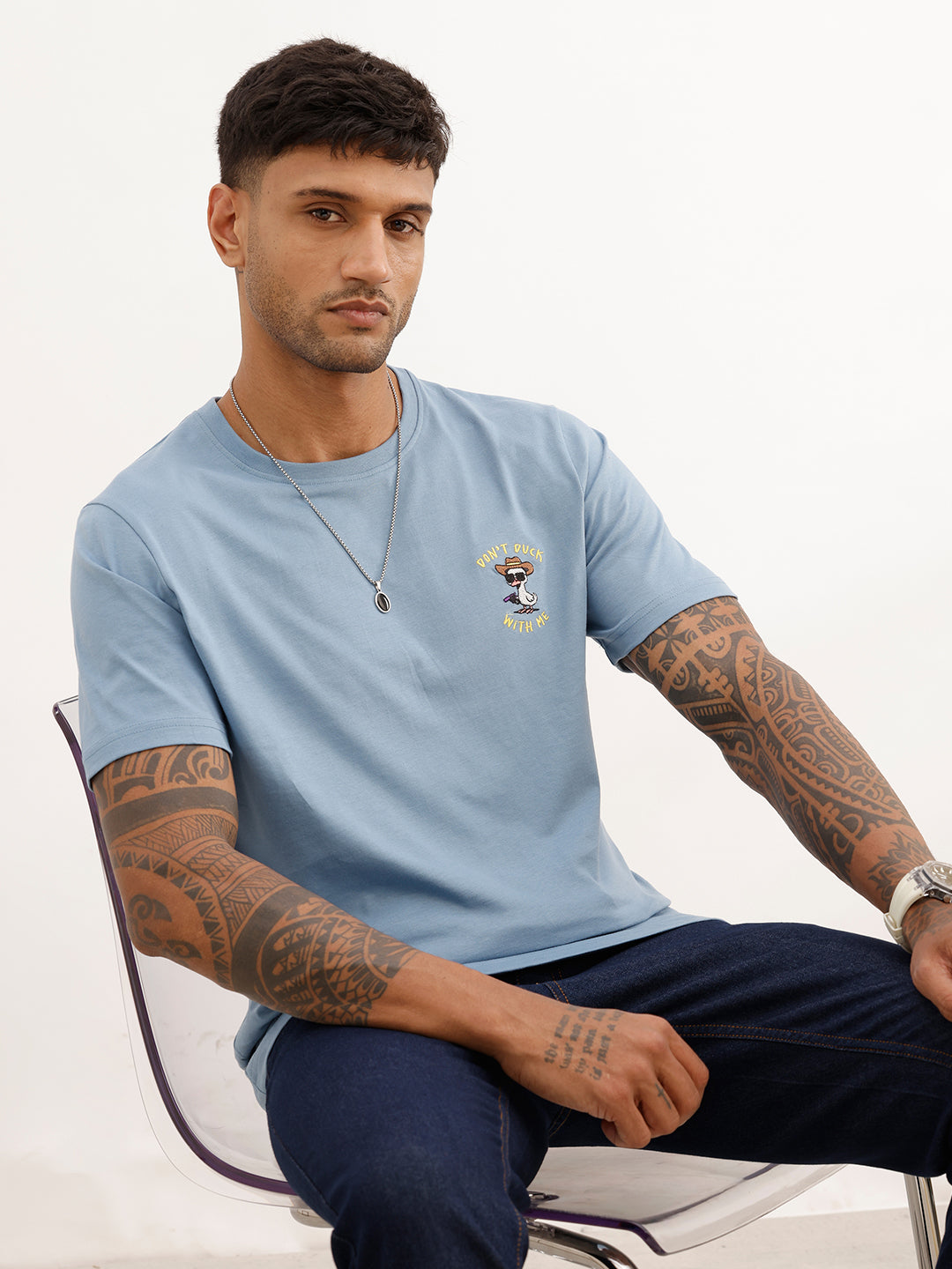Slim Fit Embroidered Patch Detail T-Shirt | Blue | WTS02HSSL1378S