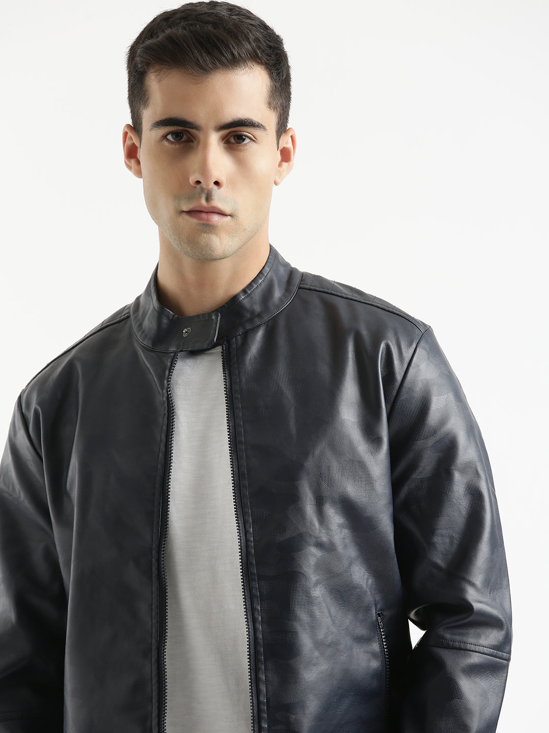 40% OFF on WROGN Men Navy Blue Solid Biker Jacket on Myntra | PaisaWapas.com