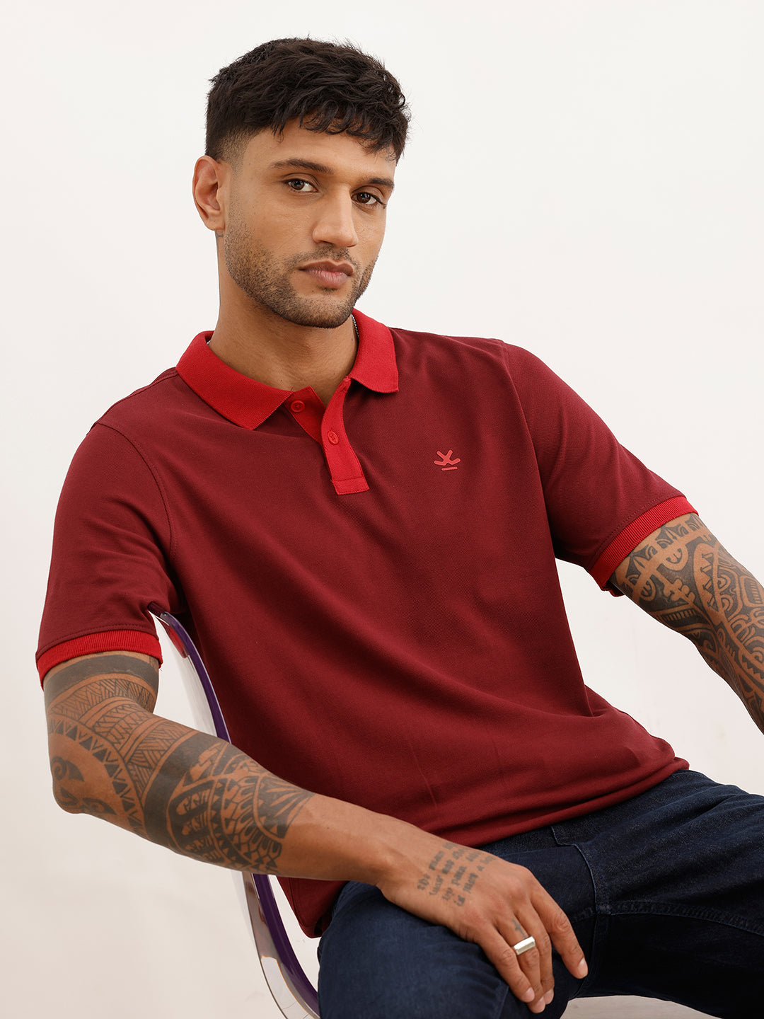 Slim Fit Contrast Collar Polo T-Shirt | Maroon