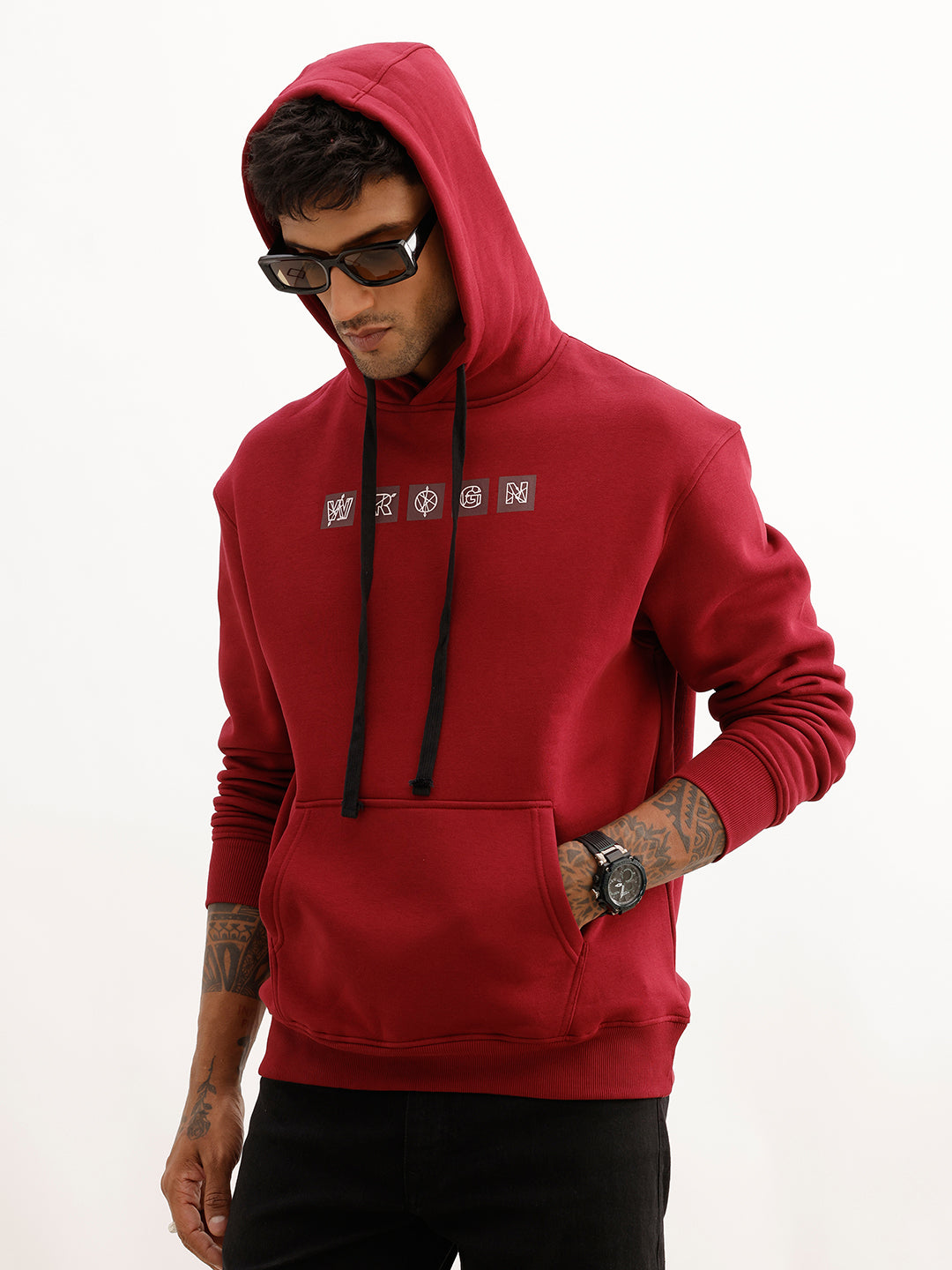 Oversized Placement Printed Hoodie | Maroon