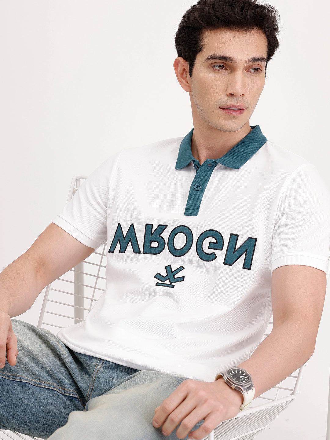Slim Fit Contrast Collar Polo T-Shirt | White