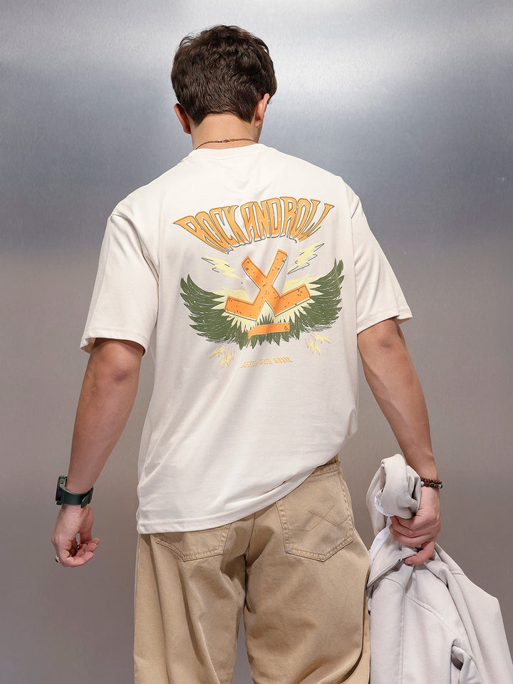 Casual Back Printed Oversized T-Shirt  | Beige