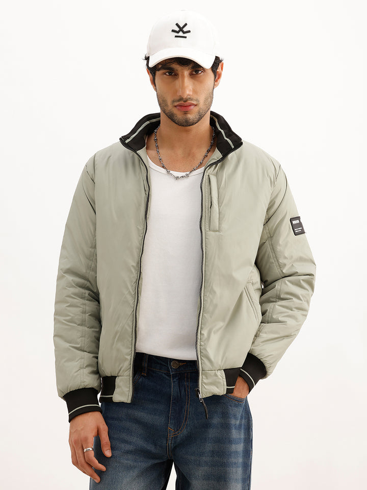 Regular Fit Contrast Collar Puffer Jacket | Green
