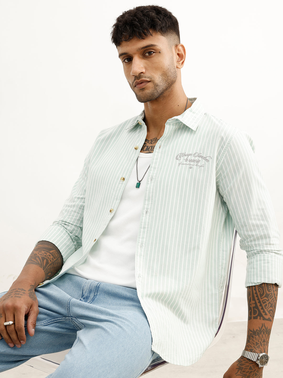 Slim Fit Embroidered Detail Shirt | Green