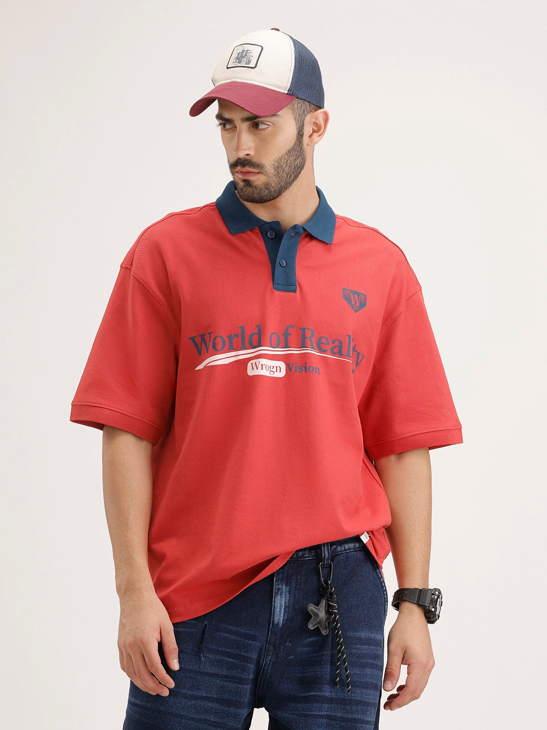 Oversized Placement Printed T-Shirt | Red