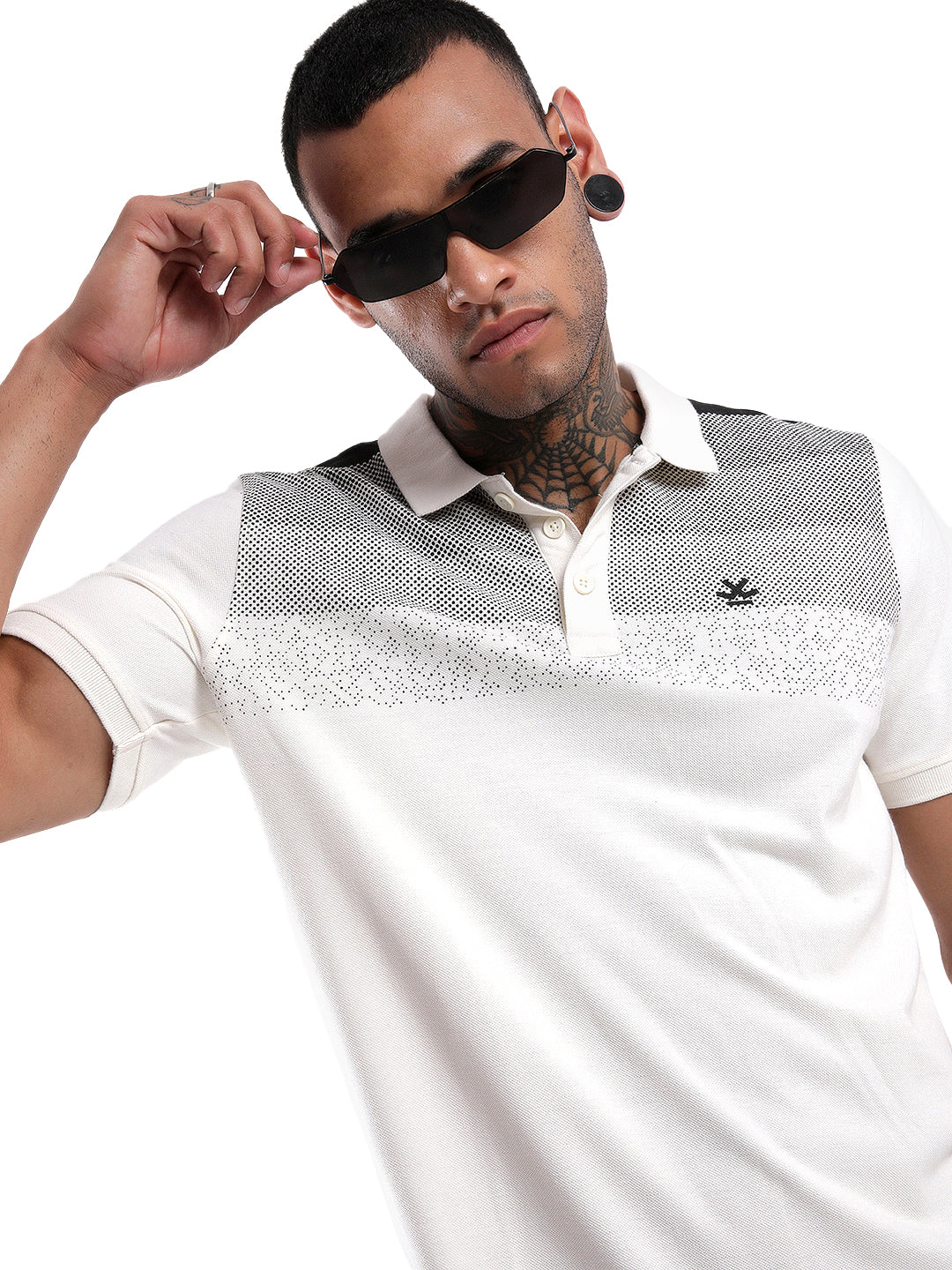 White Front Panel Print Polo T-Shirt