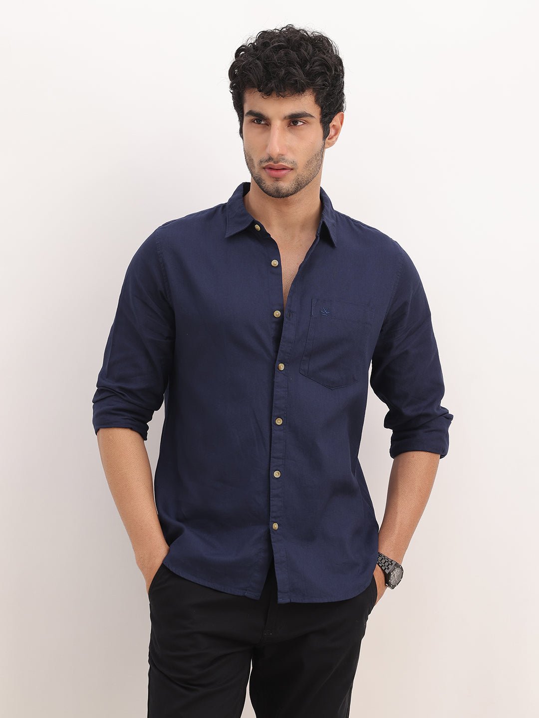 Solid Slim Fit Full Sleeve Shirt | Navy Blue