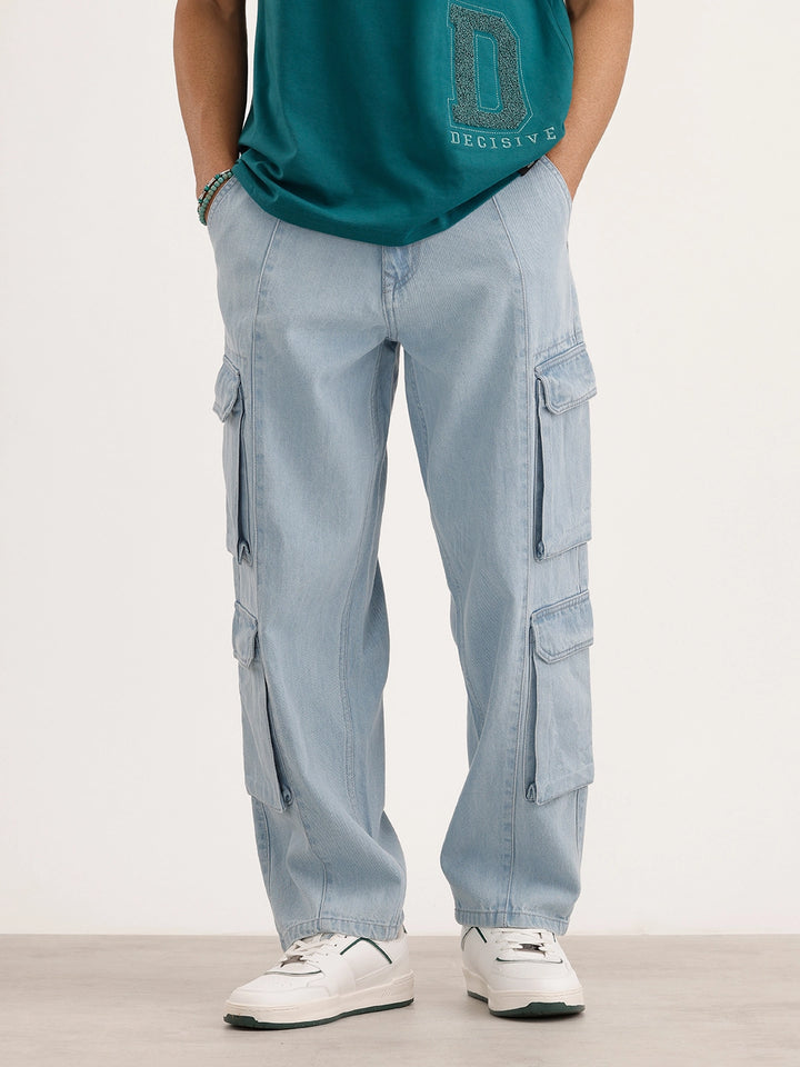 Loose Fit Cargo Denim Jeans | Light Blue
