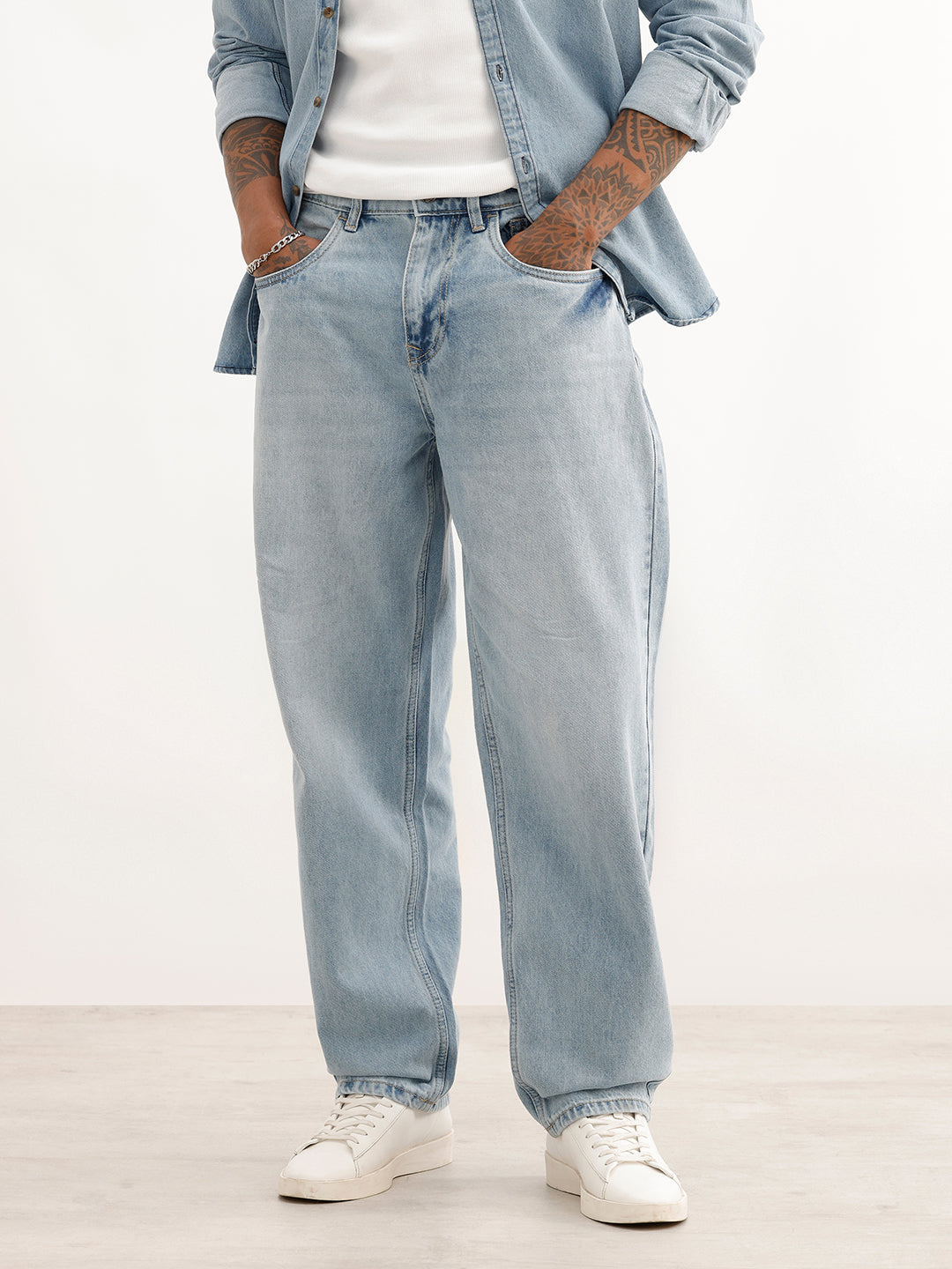 Loose Fit Faded Denim Jeans | Light Blue