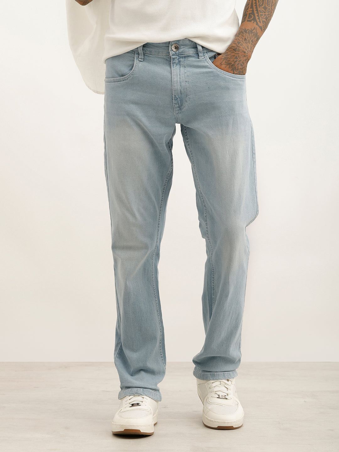 Washed Straight Fit Denim Jeans | Light Blue
