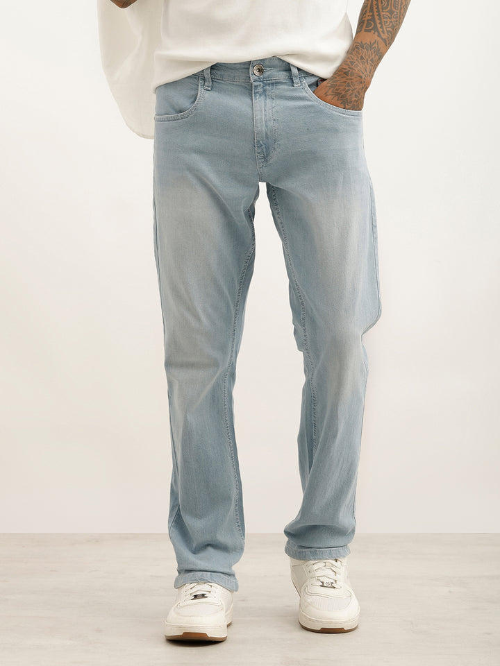 Washed Straight Fit Denim Jeans | Light Blue