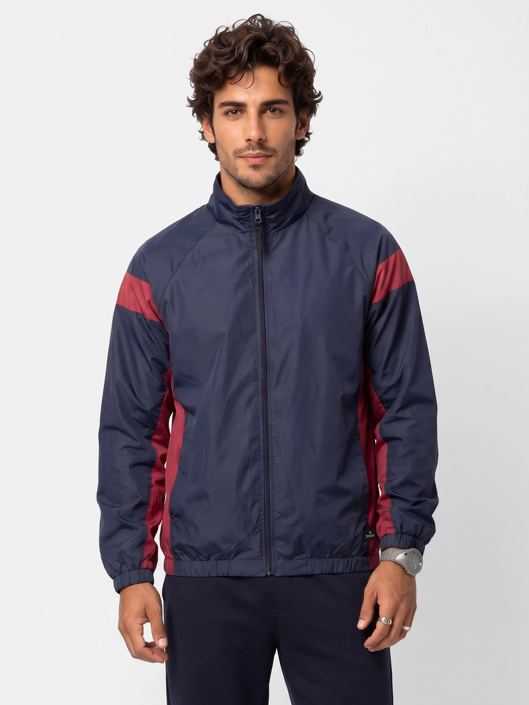 Contrast Side Pannel Zipper Jacket | Navy Blue
