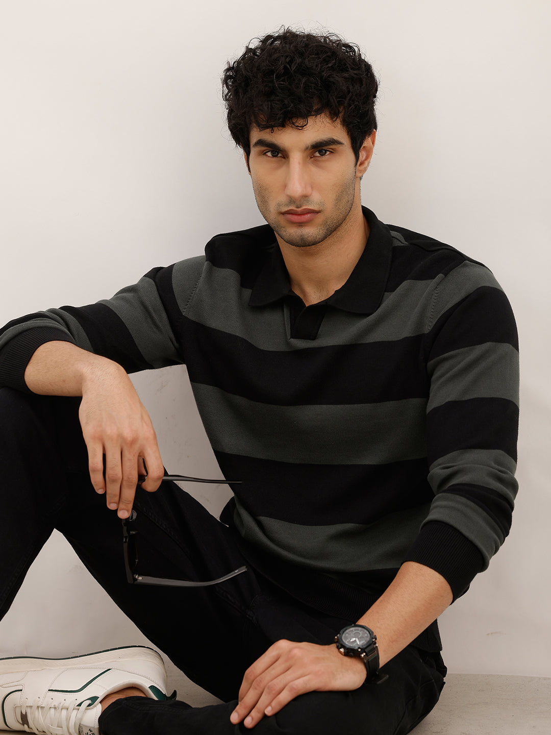 Slim Fit Striped Full Sleeve Polo T-Shirt | Black