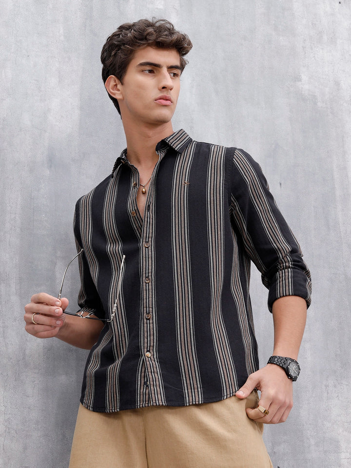 Striped Pattern Casual Shirt For Men |Black