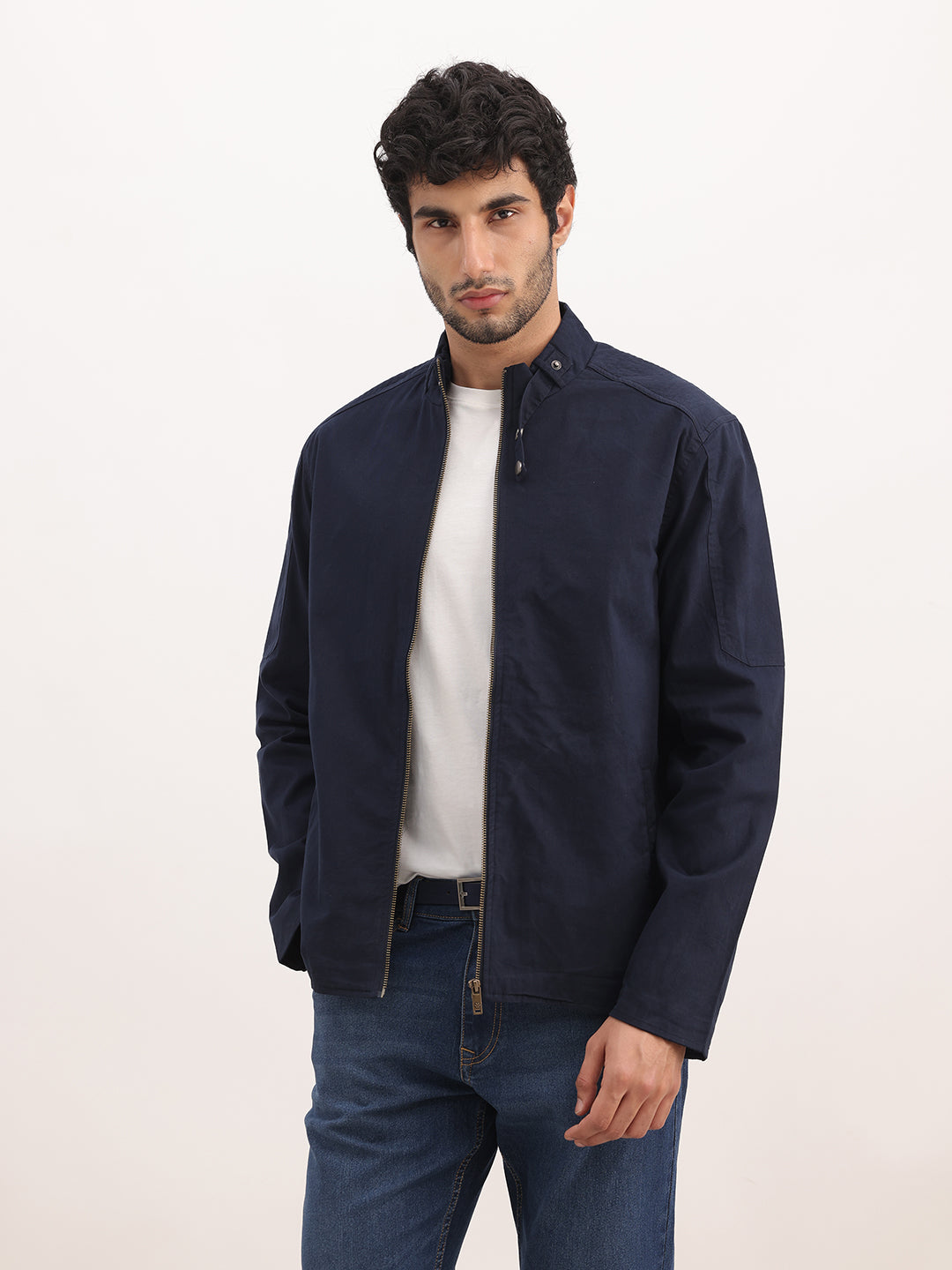 Slim Fit Solid Zipper Jacket | Navy Blue