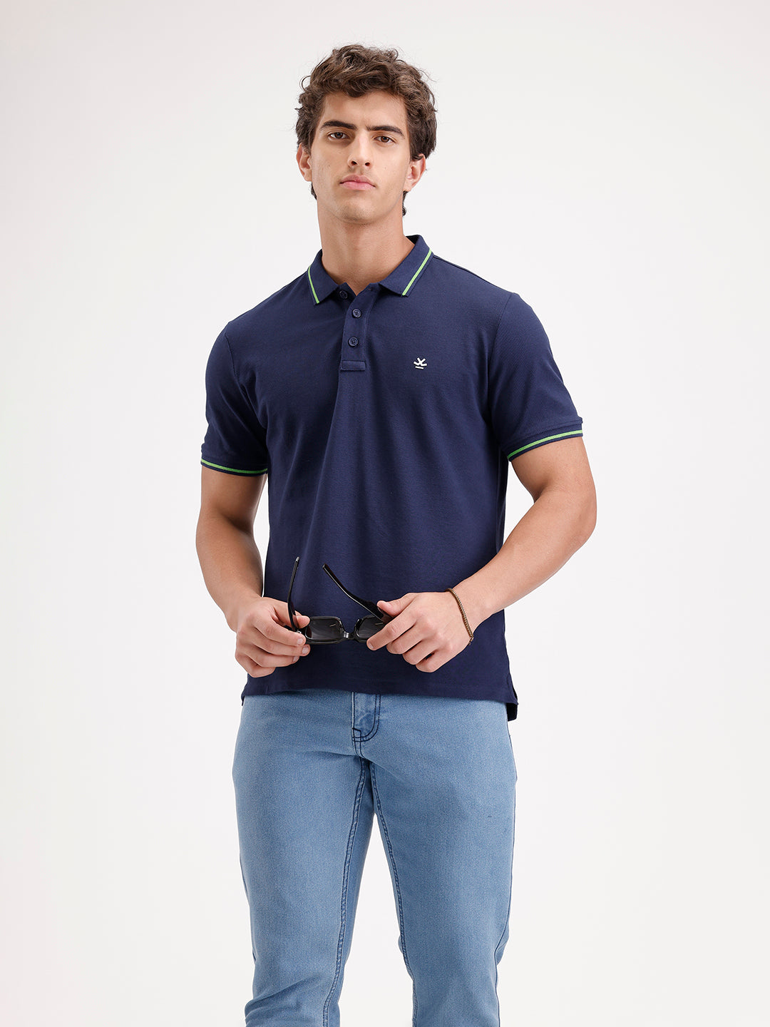 Solid Slim Fit Tipping Collar Polo T-Shirt  | Navy Blue