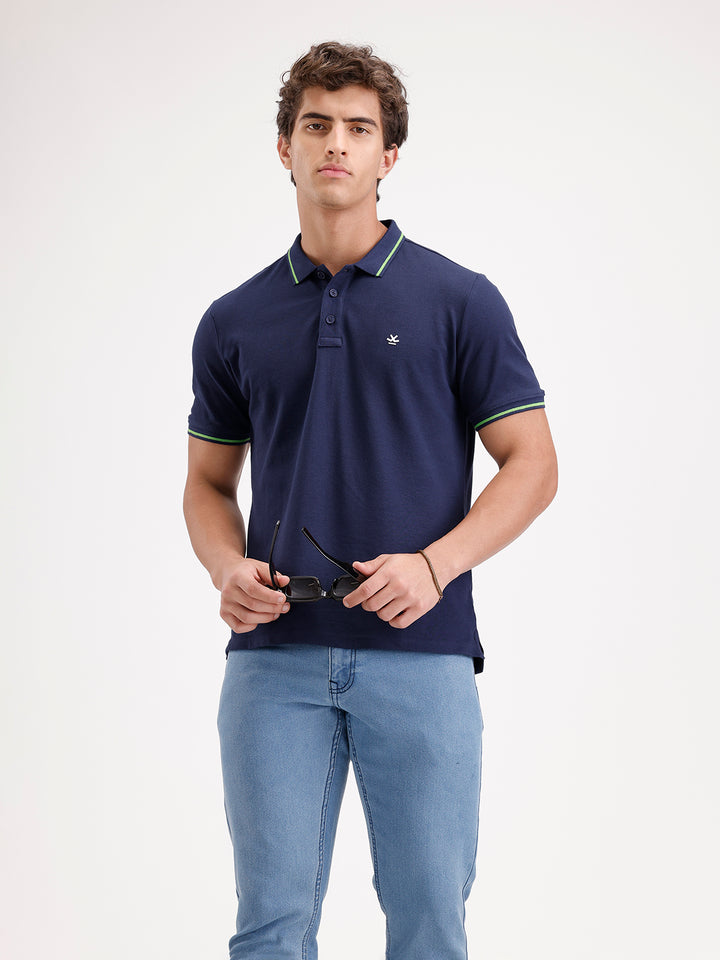 Solid Slim Fit Tipping Collar Polo T-Shirt  | Navy Blue