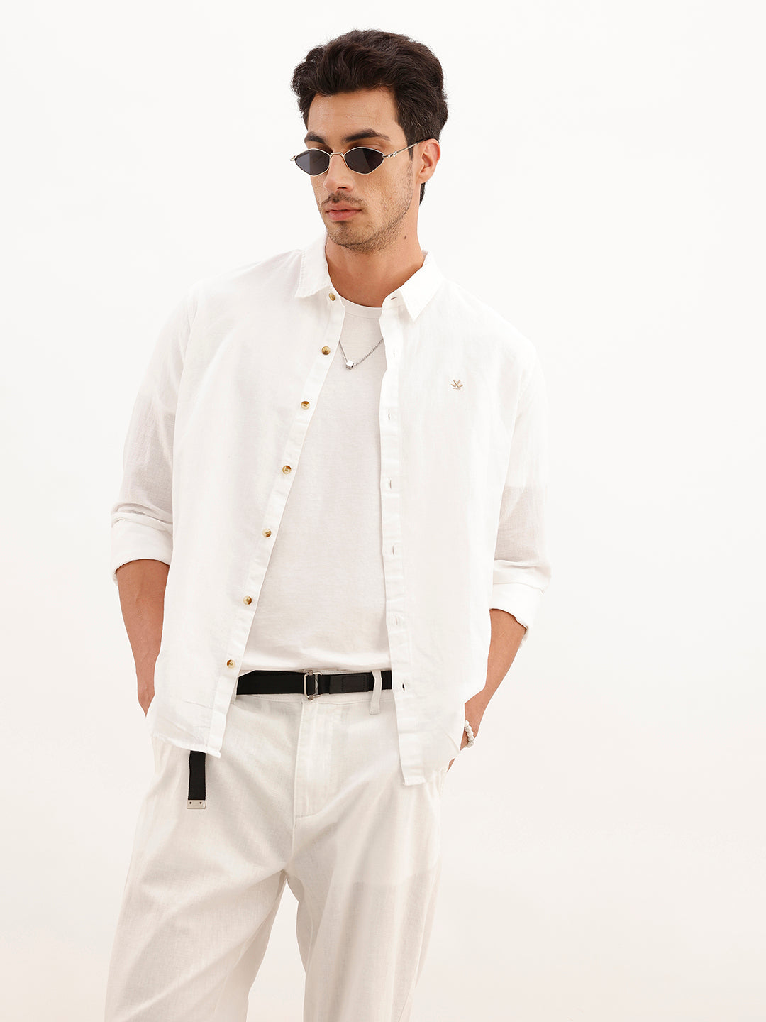 Linen Blend Solid Slim Fit Shirt | White