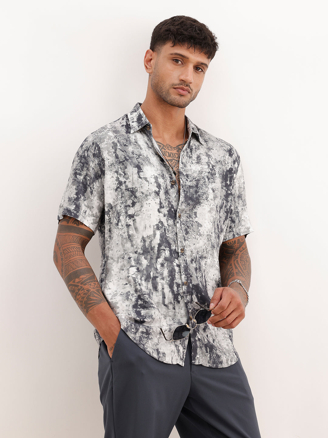 Slim Fit AOP Half Sleeve Shirt | White | WSH02HSSL0167S