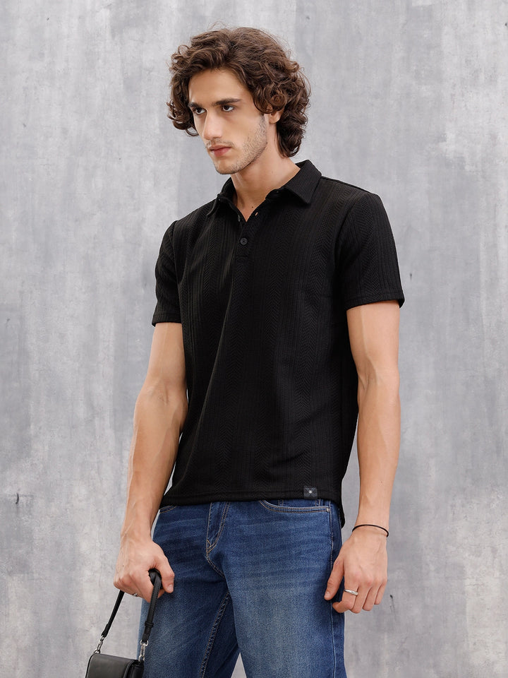 Jacquard Textured Knit Polo In Slim Fit  |  Black