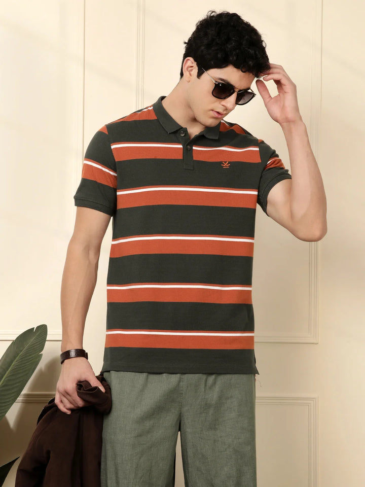 Striped Slim Fit Polo T-Shirt in Rust
