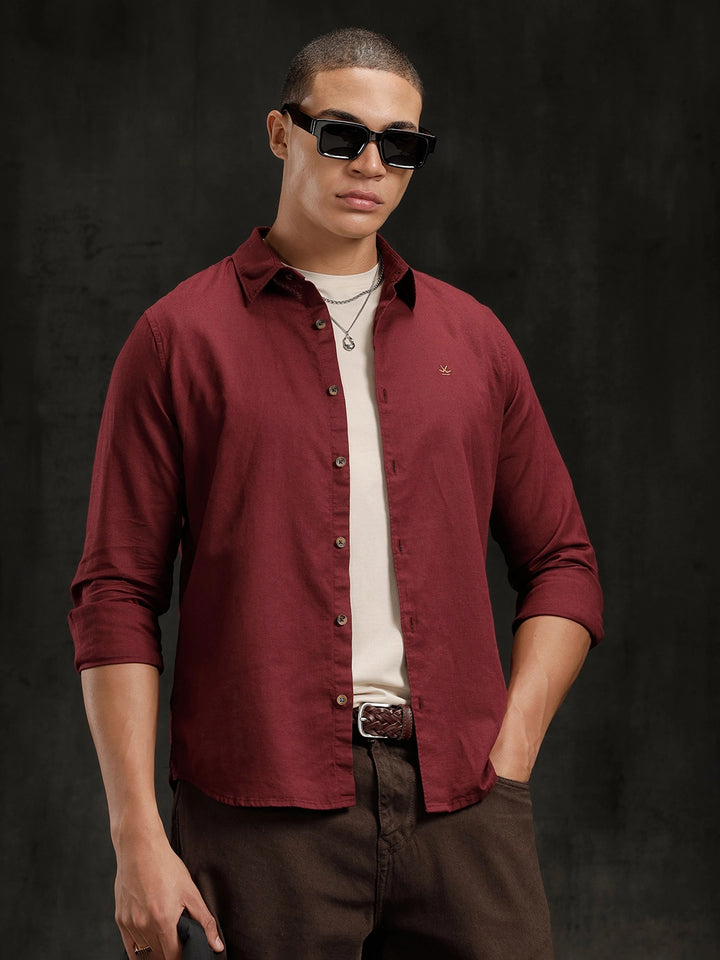 Solid Linen Blend Shirt | Wine
