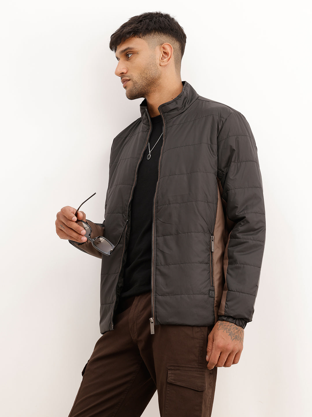 Solid Regular Fit Zipper Puffer Jacket | Black