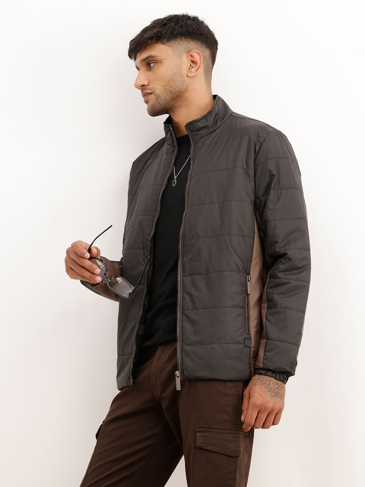 Solid Regular Fit Zipper Puffer Jacket | Black