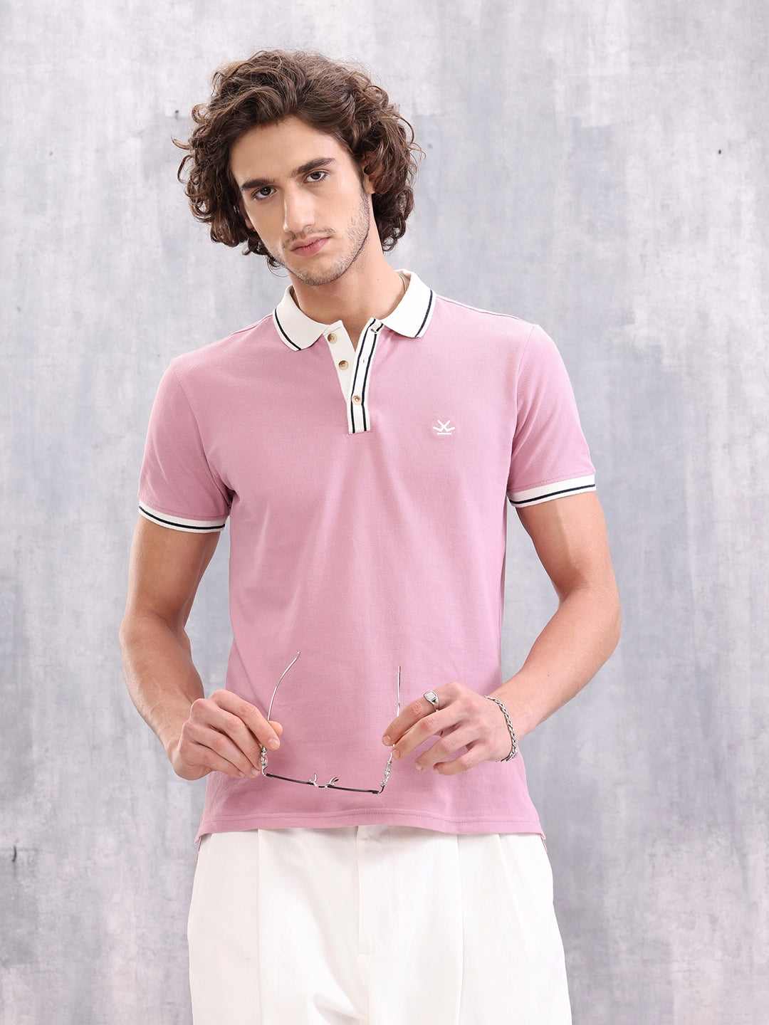 Contrast Collar Polo T-Shirt | Pink