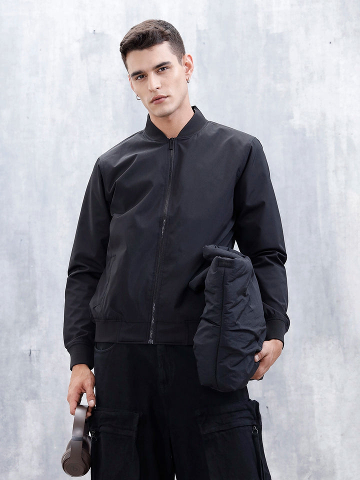 Men's Solid Casual Regular Fit Bomber Jacket | Black