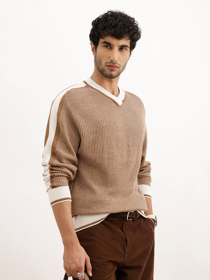 Comfort Fit Contrast Collar Knitted Sweater | Beige