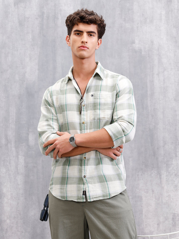 Cotton Twill Slub Checks In Slim Fit | Green