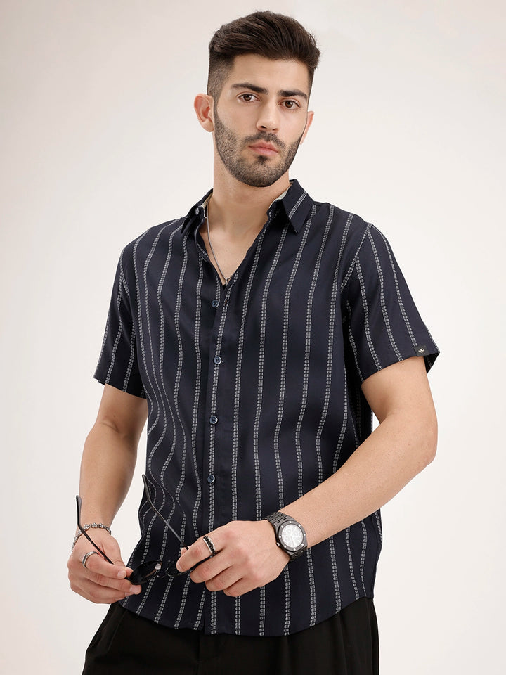 Slim Fit Half Sleeve Striped Shirt | Navy Blue