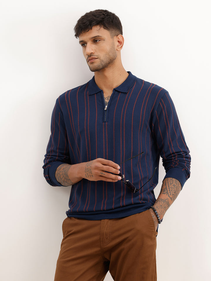 Slim Fit Flatknit Full Sleeve Polo T-Shirt | Navy Blue
