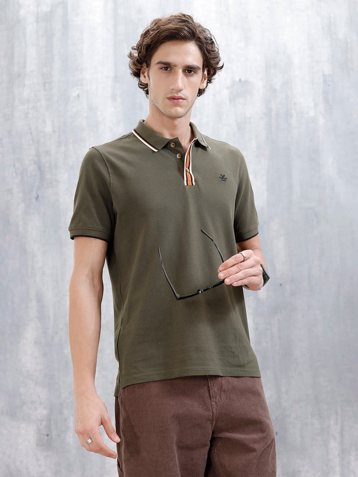Polo T-Shirt With Contrast Trim Details | Olive