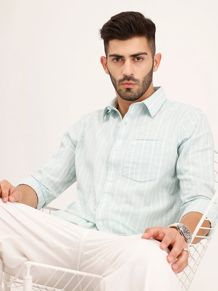 Textured Slim Fit Striped Shirt | Light Green