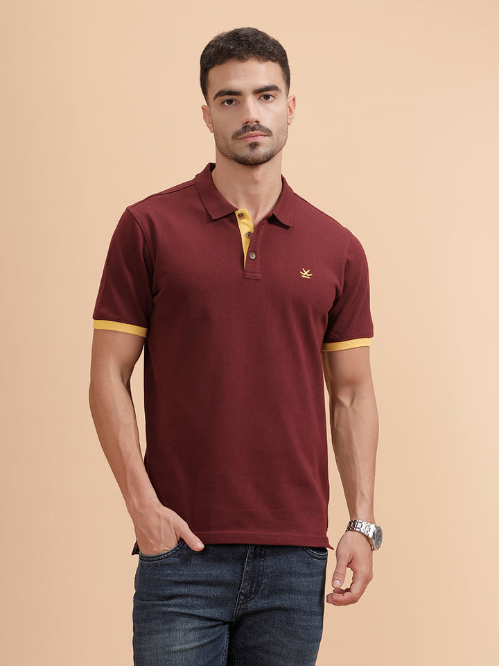 Contrast Detail Slim Fit Polo T-Shirt | Maroon