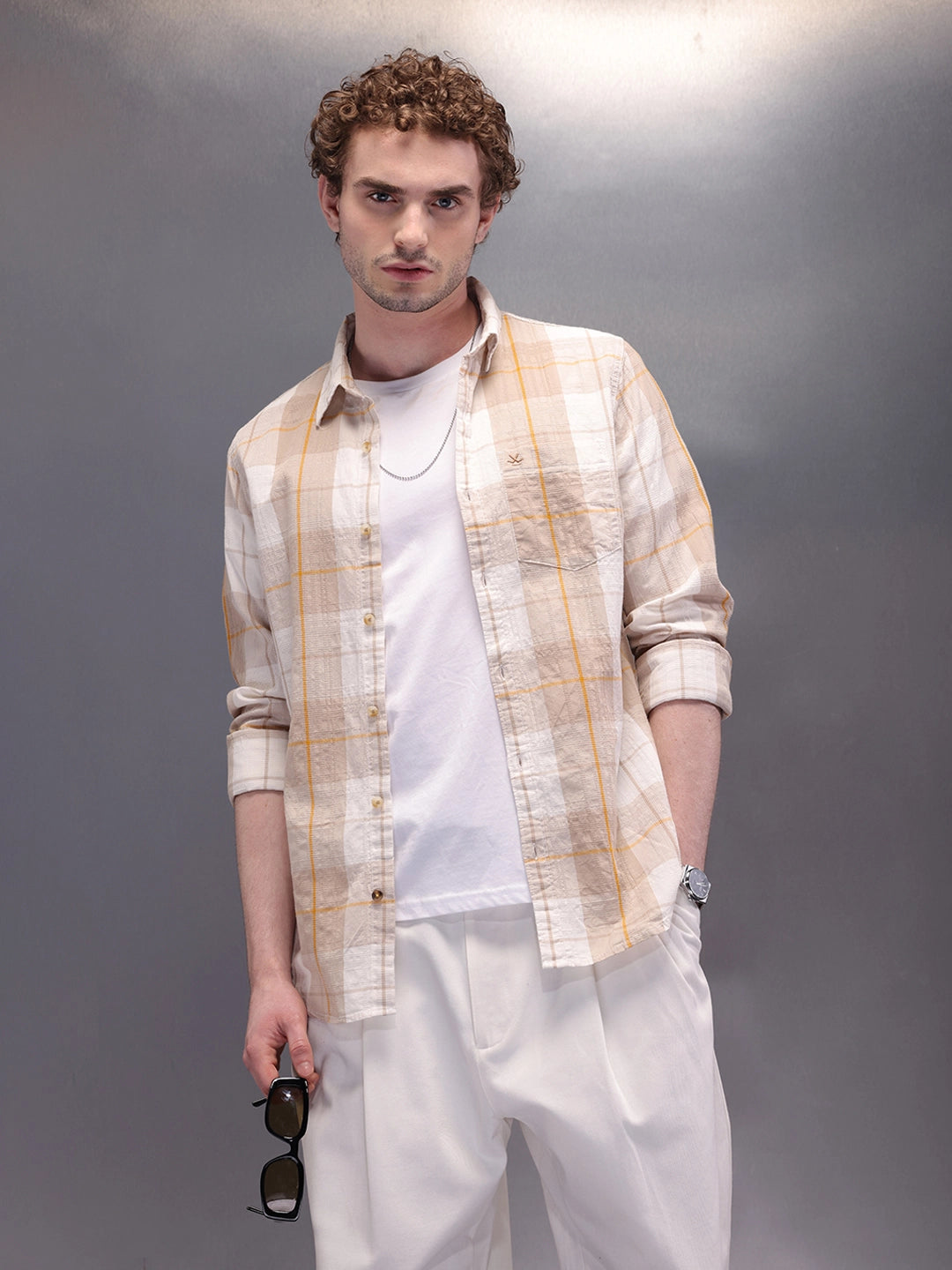 Textured Checkes Dobby Shirt  | Khaki