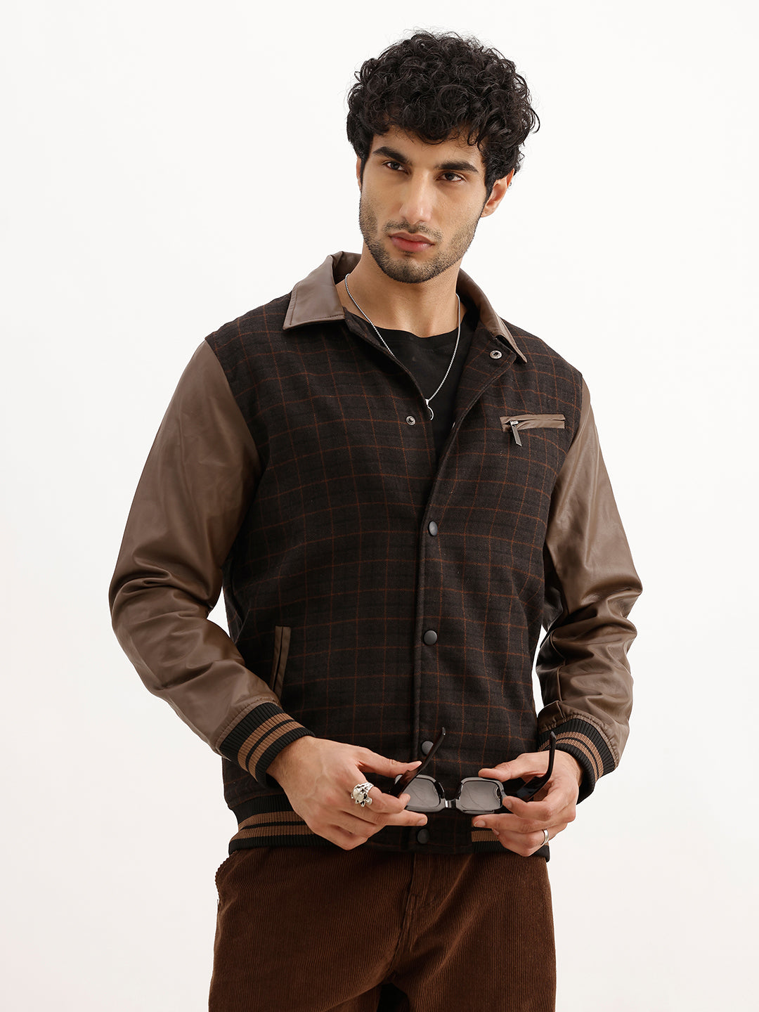 Classic Regular Fit Checkered Pannel Jacket | Brown